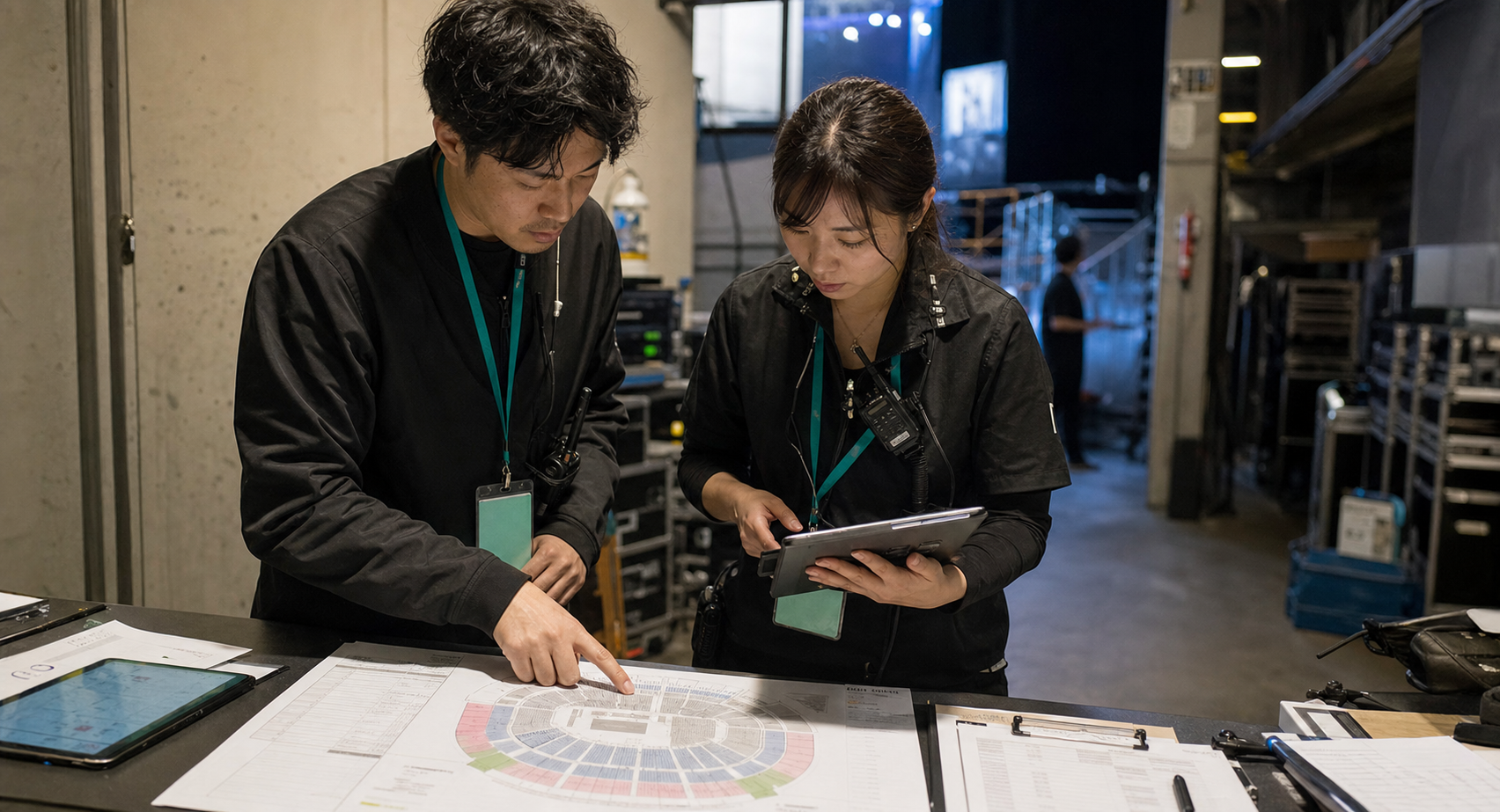 イベント制作の現場で座席図面と端末を確認するスタッフ